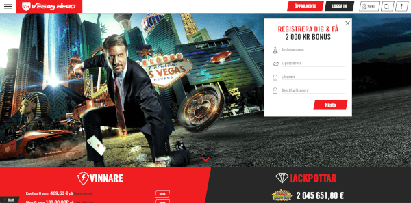 Vegas Hero startsida på online casino